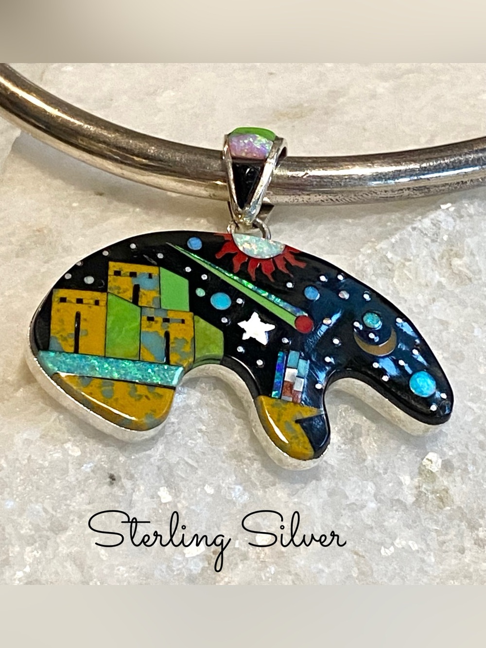 Sterling Silver - Inlay bear pendant w/ pueblo and night sky design